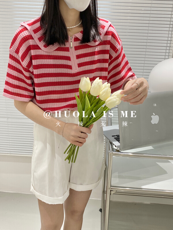 [hot Huola is me] small doll neck zipper aging short sleeve T-shirt 7633\jj