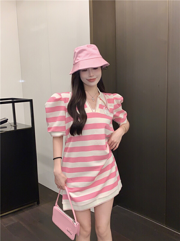 [Doudou family] striped polo collar camellia flower loose casual dress 88459\jj