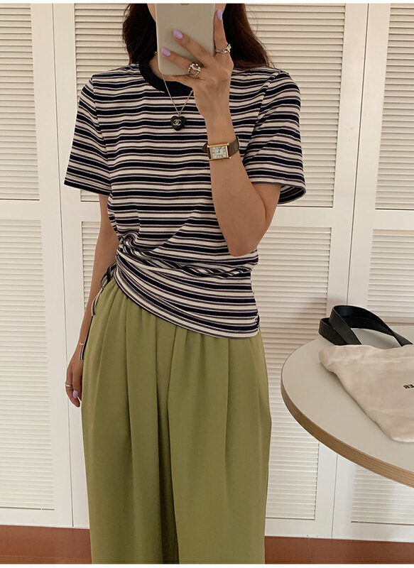 [the mind] casual simple round neck stripe contrast short sleeve T-shirt 60371\jhy