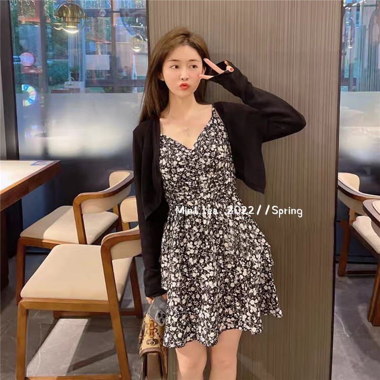 [mint tea] simple casual sunscreen shirt + floral suspender dress set 22152\zjy