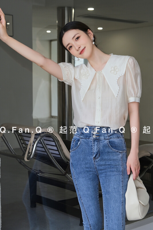 [model] lady doll collar single breasted pearl design shirt 80019\jj