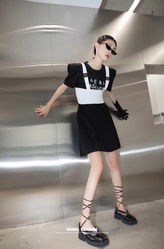 [Mumu session] shoulder pad letter print medium long short sleeve T-shirt + design strap set 2368\zxl