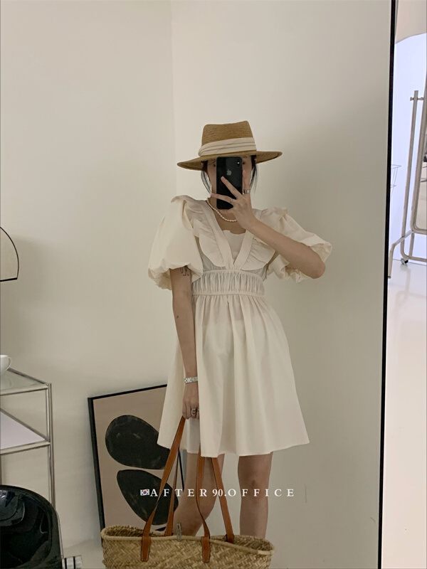 [after.90] ruffled square neck pleated waist dress a6811\ll