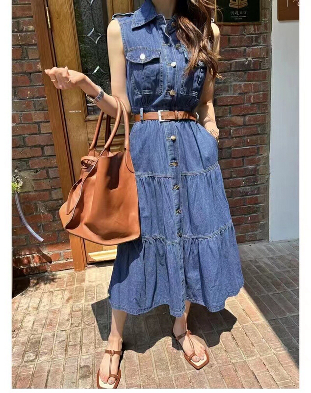 [31 fashion] Korean denim breasted dress (with belt) 3628\hjy
