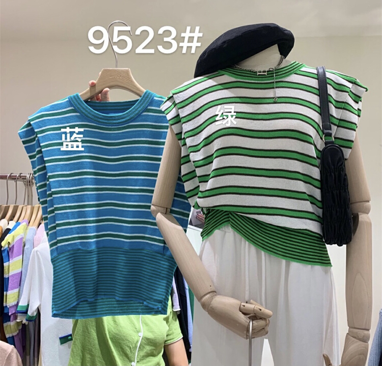 [Weika] striped shoulder pad sleeveless slim knit 9523ka\lsl