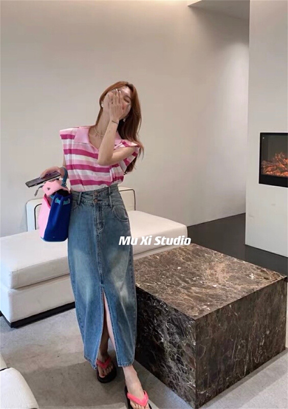[Muxi] Korean high waist split thin denim skirt ys1-6053\wpl