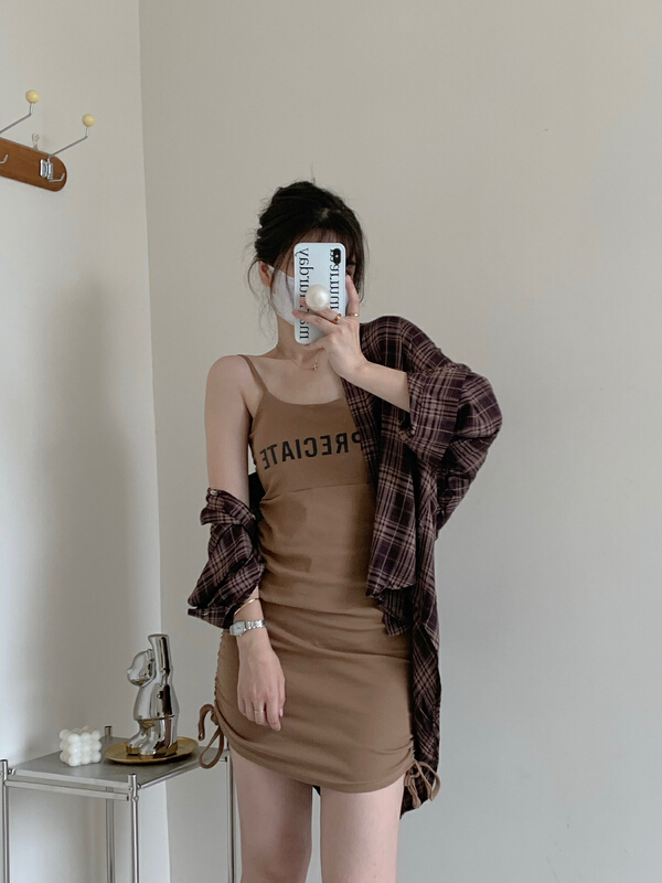 [x · h studio] Korean drawstring dress + Vintage Plaid loose shirt suit 0916\ozq