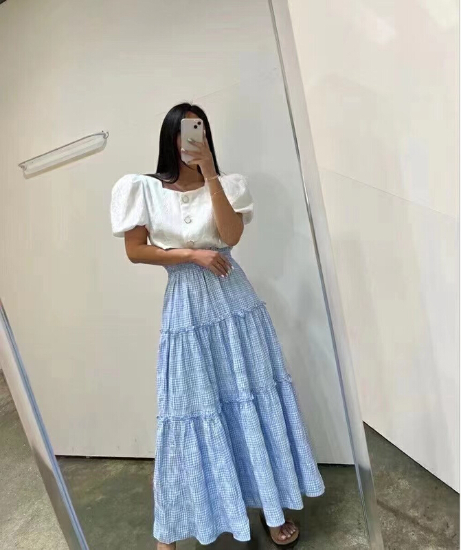 [31 fashion] Korean checked slim ear side skirt 81689\hjy