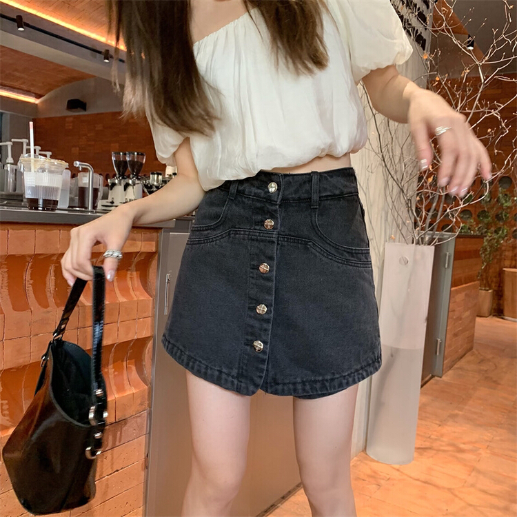 [ten] Korean version ins sweet and thin A-line button denim skirt y118\wpl