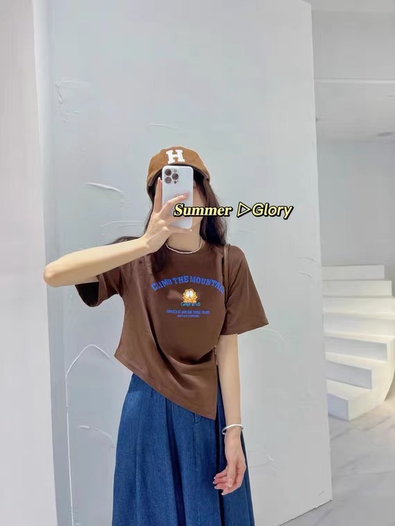 [as Aishan] irregular side button Pullover cartoon printed short sleeve T-shirt 260\wtt