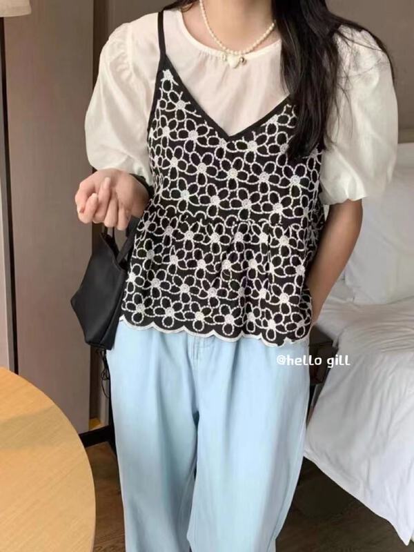 [gill] small fresh heavy industry embroidered suspender Vest + temperament versatile clean small shirt set 1070\zjy