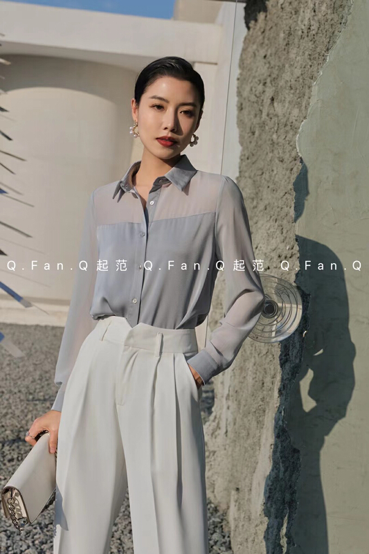 New year in early spring! Satin stitched pearl Chiffon [fan] shirt 7102-1\j