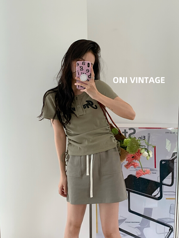 [onivinage oni] Korean drawstring versatile knitted skirt (with waist rope) ol224d5706