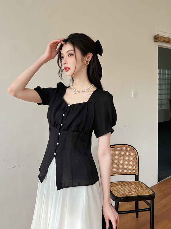 [Hanna inclusive] 2022 summer new pearl button embellished thin shirt m10111\jhy