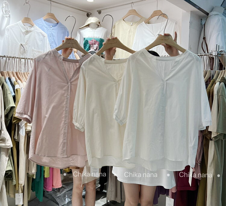[chika.nana] French single breasted bubble sleeve loose casual pleated shirt 20408\jj