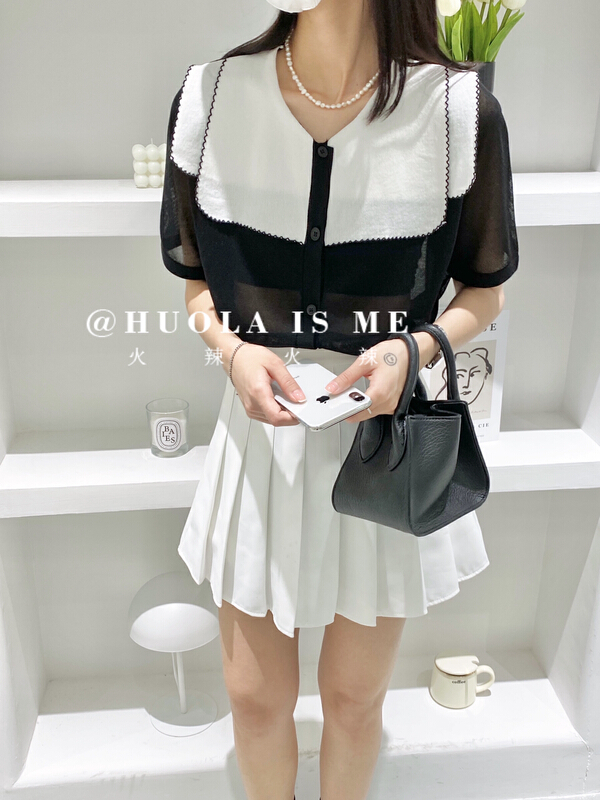 [hot Huola is me] Korean loose women's color contrast splicing doll neck T-shirt 7626\cqw