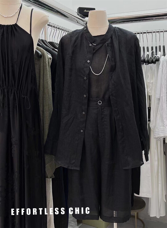 [fortless chic] simple single breasted shirt + Round Neck Tank Top + elastic waist and wide leg suit 9146\xyj