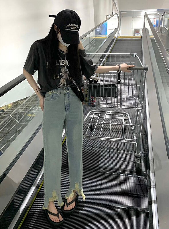 [Doudou family] broken holes, washed, rough edges, straight tube, high waist, slim cropped jeans 88461\jj