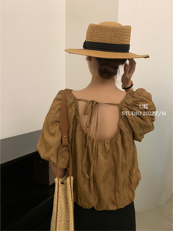 [u-grain] Korean version square neck back tie blouse (only selling blouses) 6258\hbx