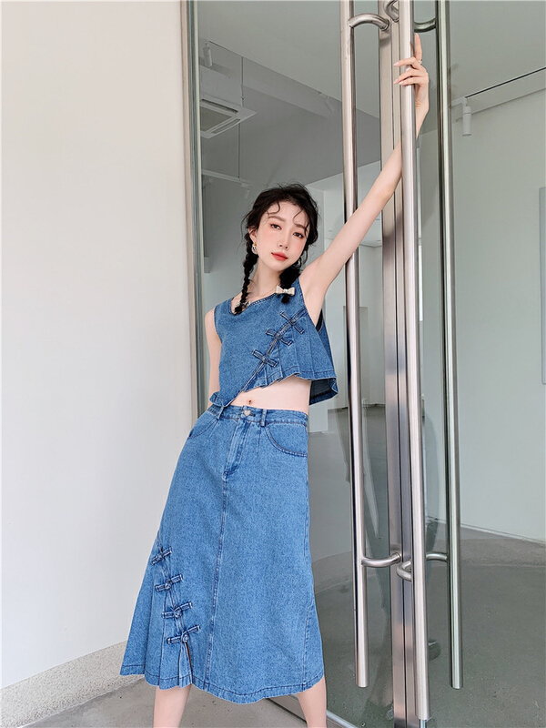 [AC] Japanese pleated denim button A-line skirt 7112\jj