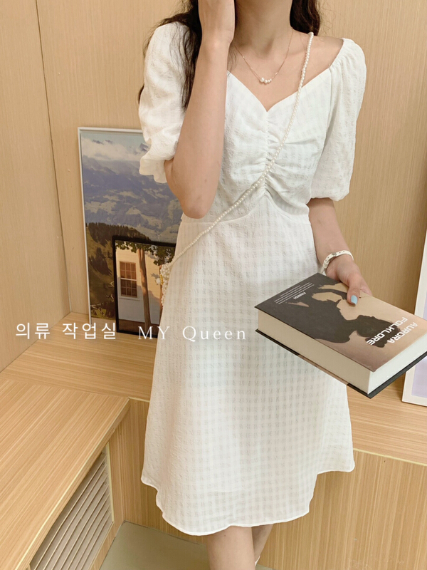 [m.yqueen] waist closing Bubble Sleeve Plaid Dress (with pearl bag) 6837\\cl