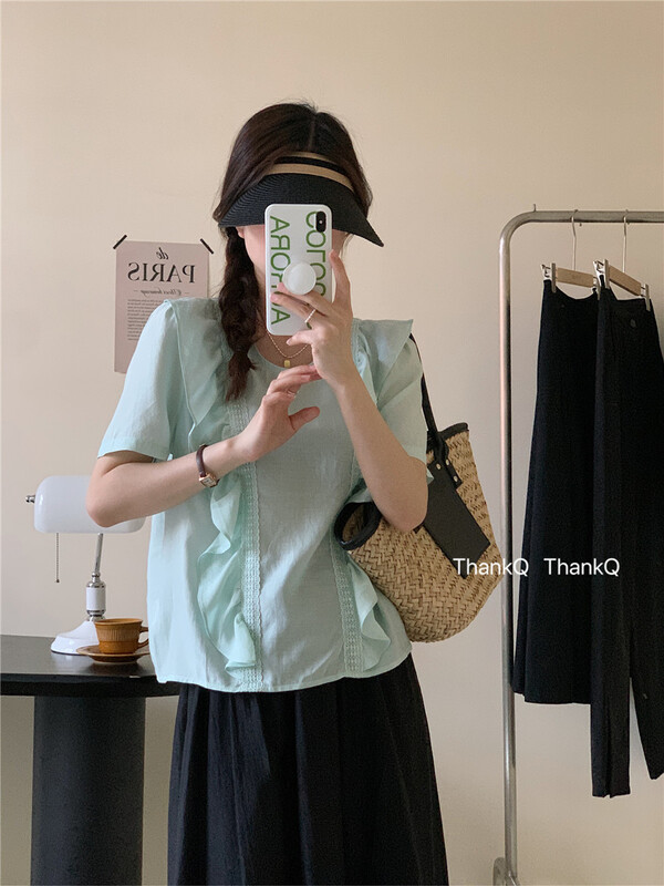 [thankq] round neck loose shirt with wood ear edge 6936\zjy