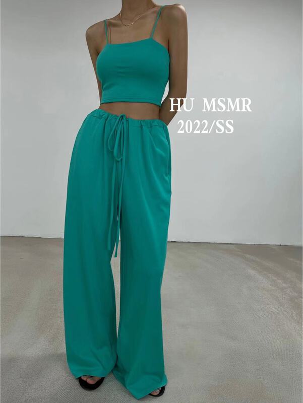 [Hu] solid color short suspender + loose and slim casual pants set 8008\ozq