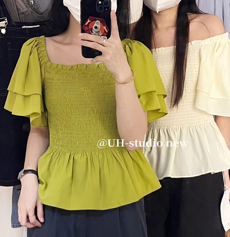 [uh] Korean French style square neck versatile simple shirt 7846\hjy