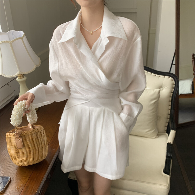 [retain] solid color long sleeve versatile shirt + high waist slim Shorts Set 226251\xyj