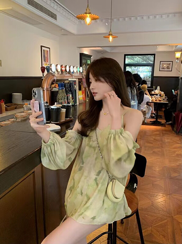[hee] fresh and fashionable V-neck off shoulder printed blouse (with detachable sleeves) h5516\wpl