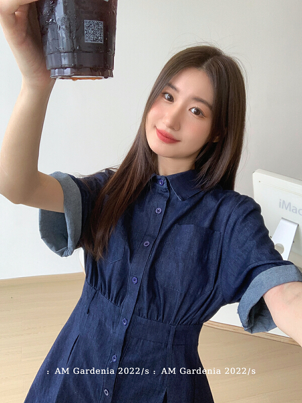 [am Gardenia] Korean version of versatile Lapel button denim dress (without bag) 3661\zxx