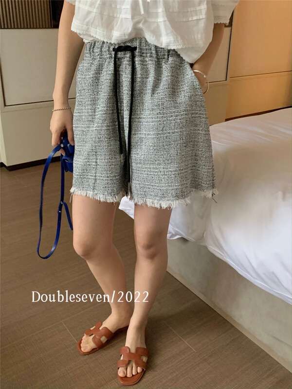 [double seven] elastic waist and raw edge casual shorts 28988\zxx