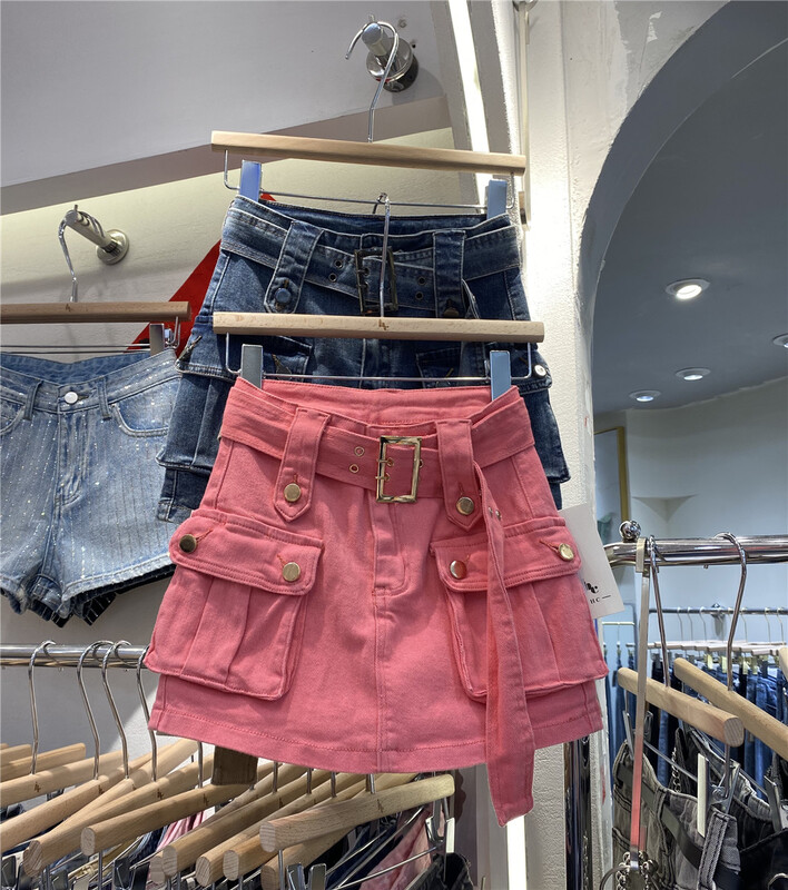 [Han Xier] niche design large pocket denim skirt (with belt) 6310\hbx