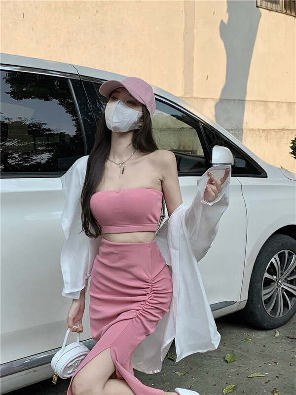 [Doudou family] silk sunscreen shirt + hot girl bra + Fashion split skirt suit 88436\jj