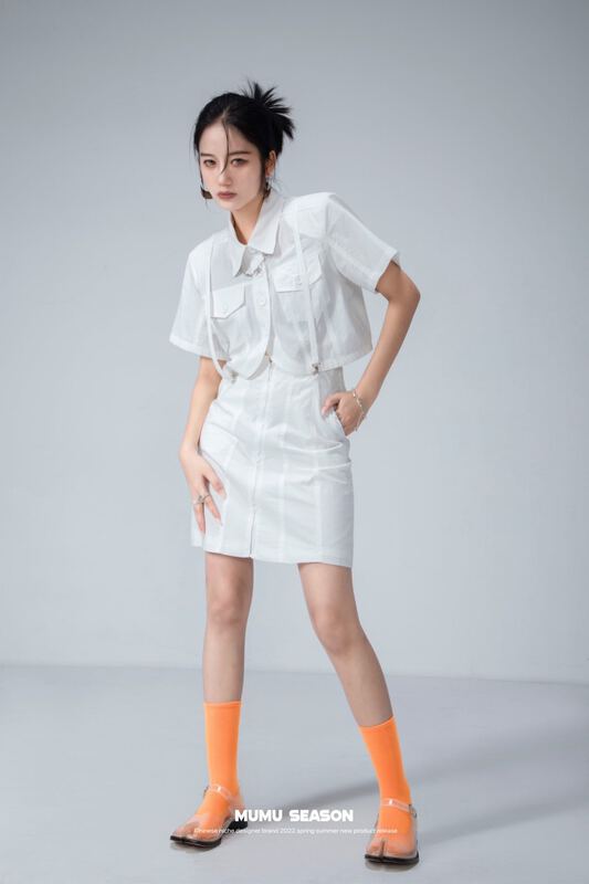 [Mumu season] fashion shoulder pad shirt + temperament slim Skirt Set (with detachable suspenders) 6530\zxl