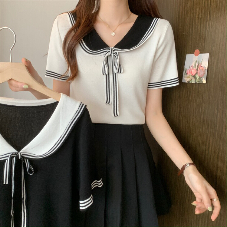 [f · P] collegiate Navy collar lace up contrast T-shirt a502\hbx