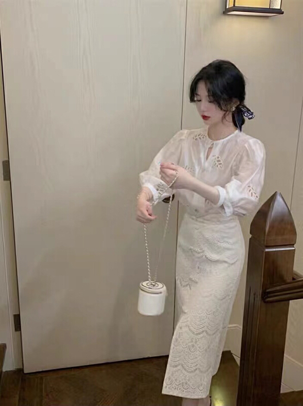 [hee] Chinese printed blouse + slim skirt suit h5521\wpl