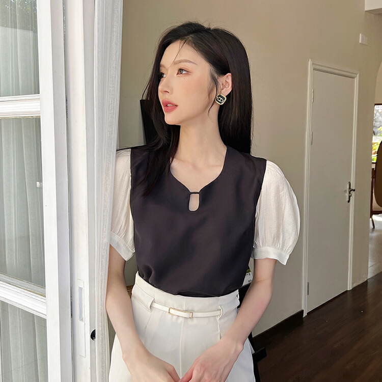 [Hanna inclusive] design sense niche Chiffon color blocking thin shirt m10078\xj