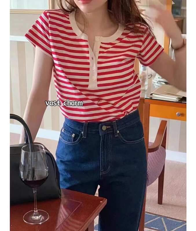 [vast charm] Korean retro foreign style short sleeve T-shirt 8052\cls