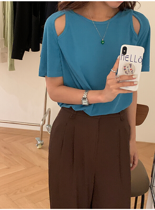 [the mind] design sense hollow out solid color versatile short sleeve T-shirt 60279\xyj