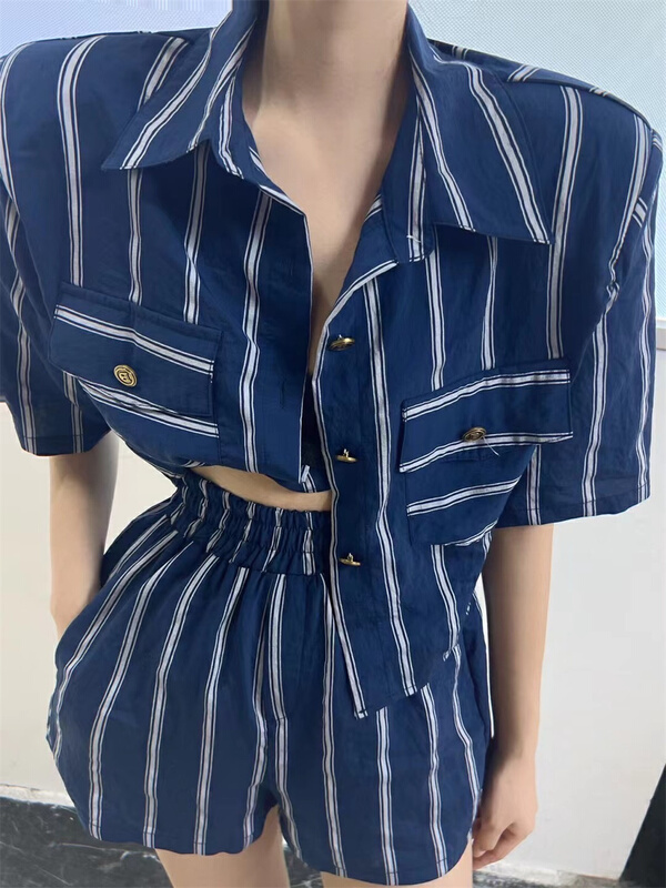 [goblin] commuting simple stripe short sleeve shirt + fashion casual Shorts Set 9729\wpl