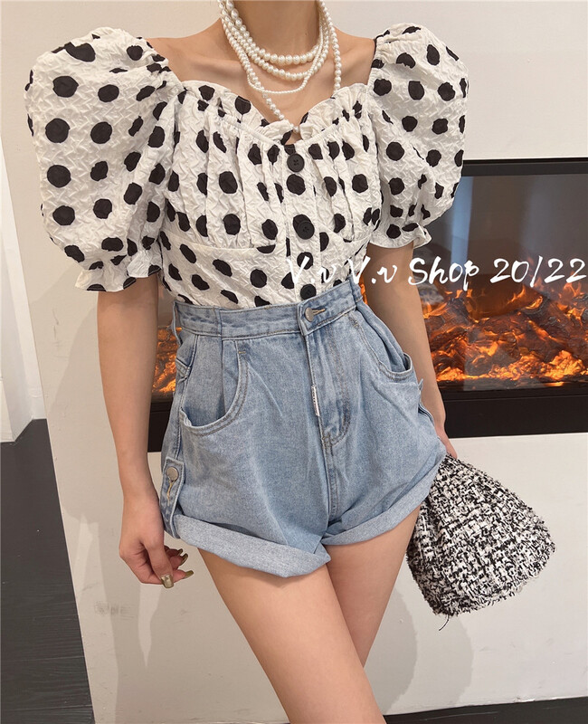 [v.v] wave dot sweet square neck bubble sleeve shirt 7079\zxx