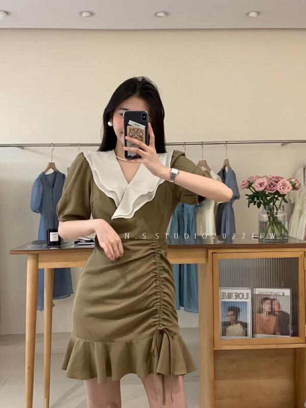 [N.S] fashion temperament double layer Ruffle collar design sense drawstring dress 2019\wpl