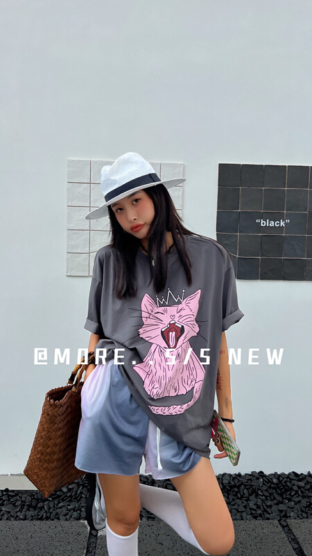 [more] Korean casual cat printed short sleeve T-shirt 88181\ozq