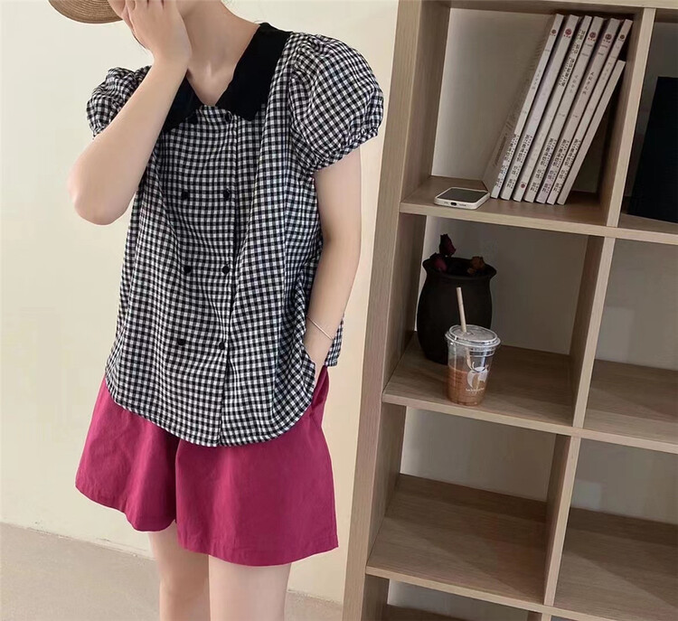 [Naikan Nik] check fashion bubble sleeve shirt 9761\gyj