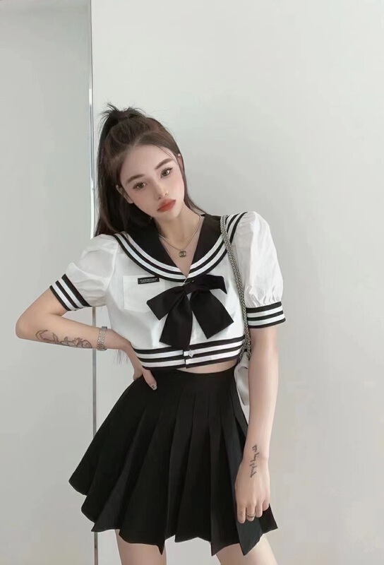 [fan fan] fashionable Navy collar shirt + simple skirt two piece suit 5910\jj