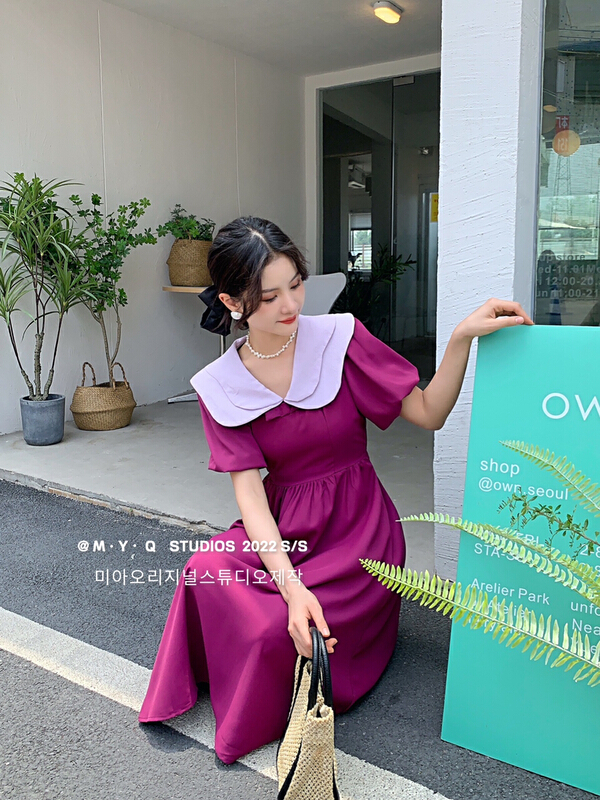 [m.yqueen] color blocked crimp Pullover dress (with waist rope) ys1-6825\cl