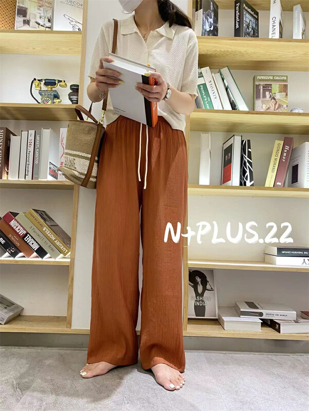 [n+plus] Korean version simple lace up elastic waist straight casual pants 22096\ozq