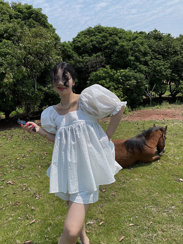 [f (x)] Korean bubble sleeve shirt + elastic waist casual Shorts Set tz8205\ozq
