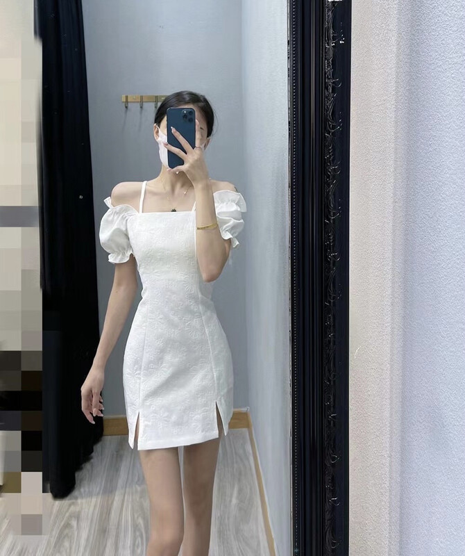 [huazi] little woman off shoulder collar bubble sleeve dress 823\jj